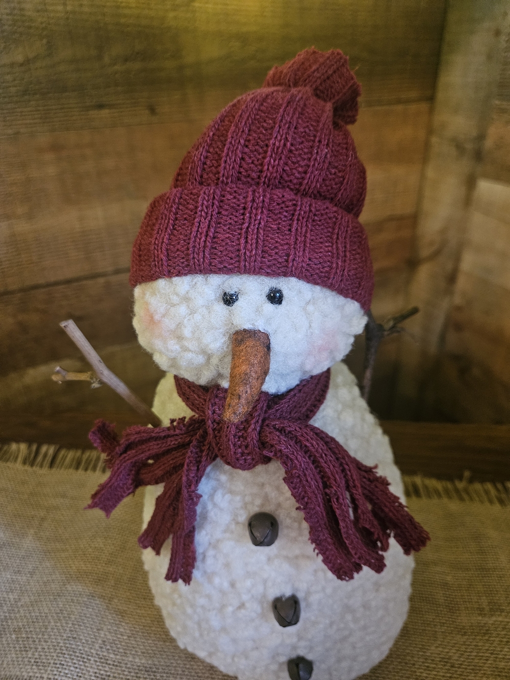 Handcrafted Burgundy Knit-Hat Snowman Home Accent by